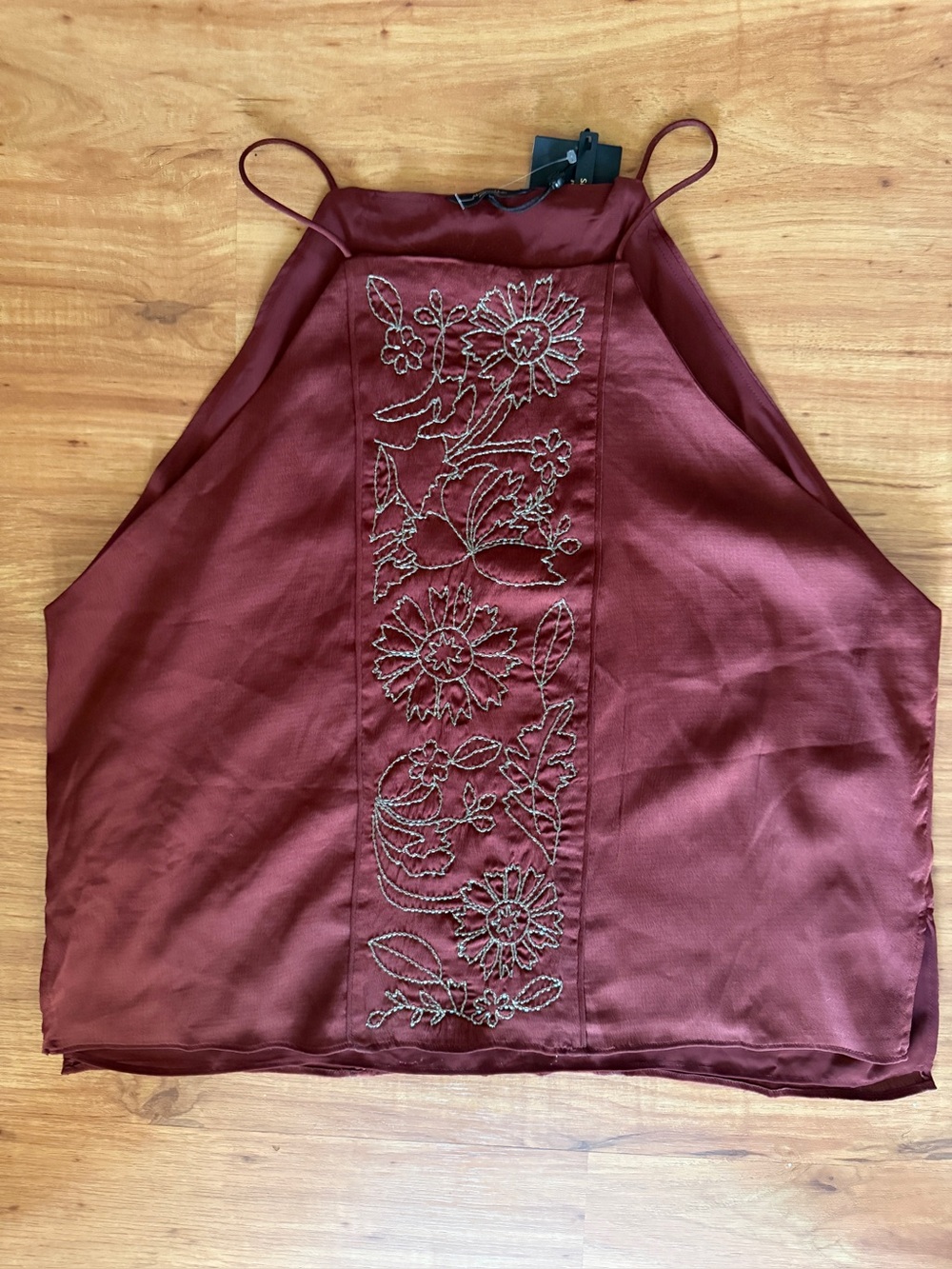Massimo Dutti Burgundy Embroidered Halter Cami